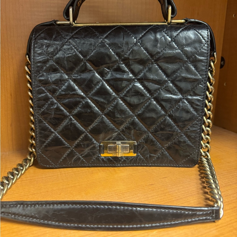 Chanel Quilted Medium Rita Top Handle Flap Glazed Calfskin Black